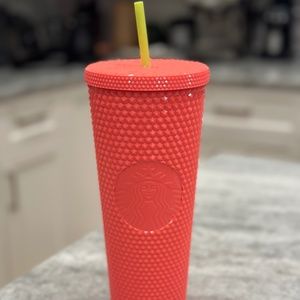 Brand New Starbucks Orange-Pink Studded 24oz tumbler with yellow straw